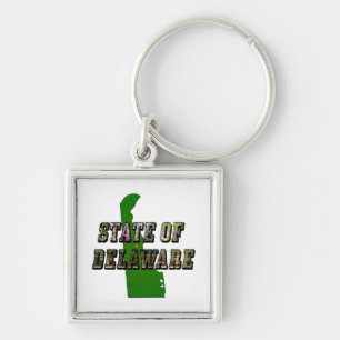 State of Delaware Picture Text & Map Outline Keychain