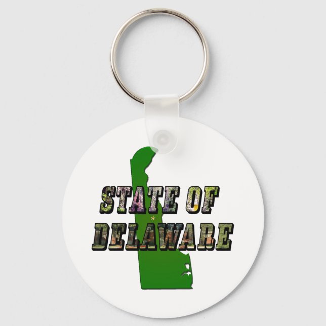 State of Delaware Picture Text & Map Outline Keychain (Front)