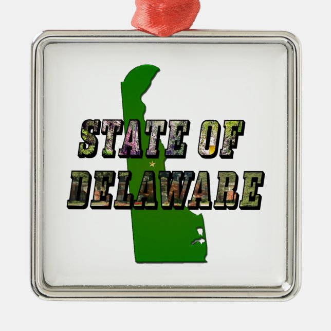 State of Delaware Picture Text & Map Outline Metal Ornament (Front)
