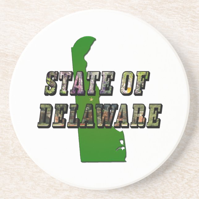 State of Delaware Picture Text & Map Outline Sandstone Coaster (Front)