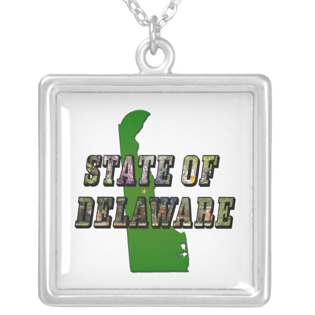 State of Delaware Picture Text & Map Outline SQ Silver Plated Necklace (Front)