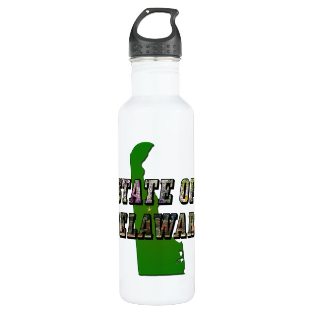 State of Delaware Picture Text & Map Outline Stainless Steel Water Bottle (Front)