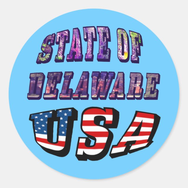 State of Delaware USA Photo & Flag Text Classic Round Sticker (Front)
