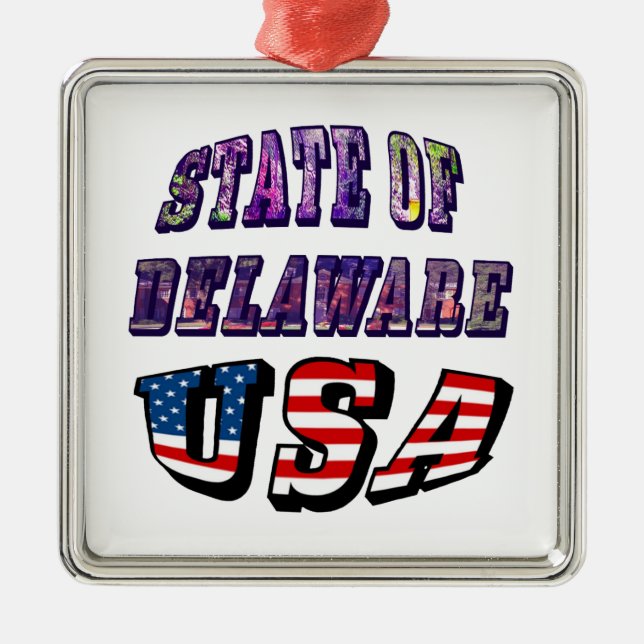 State of Delaware USA Photo & Flag Text Metal Ornament (Front)