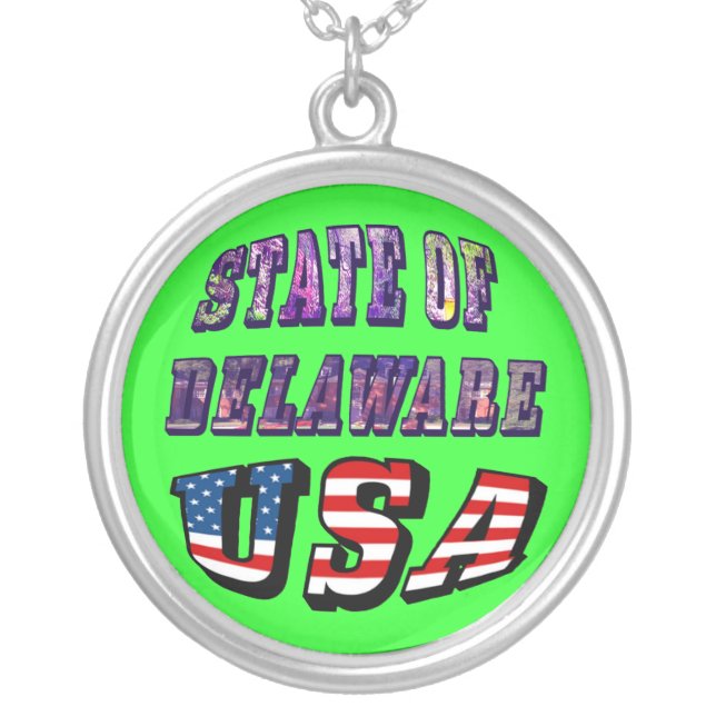 State of Delaware USA Photo & Flag Text Round Silver Plated Necklace (Front)