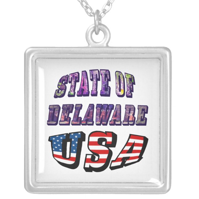 State of Delaware USA Photo & Flag Text Square Silver Plated Necklace (Front)