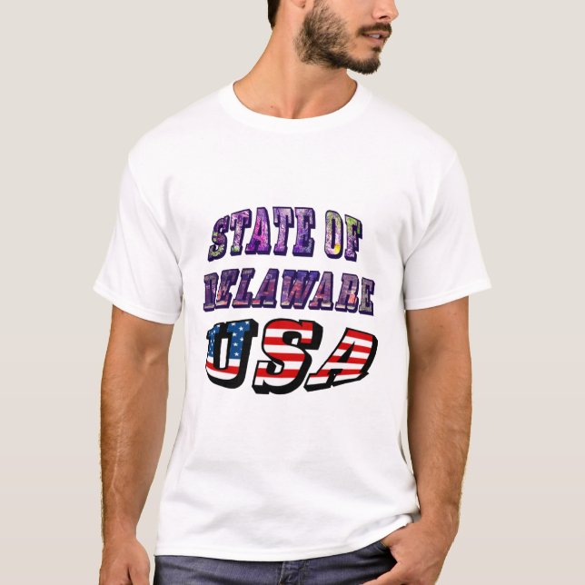 State of Delaware USA Photo & Flag Text T-Shirt (Front)