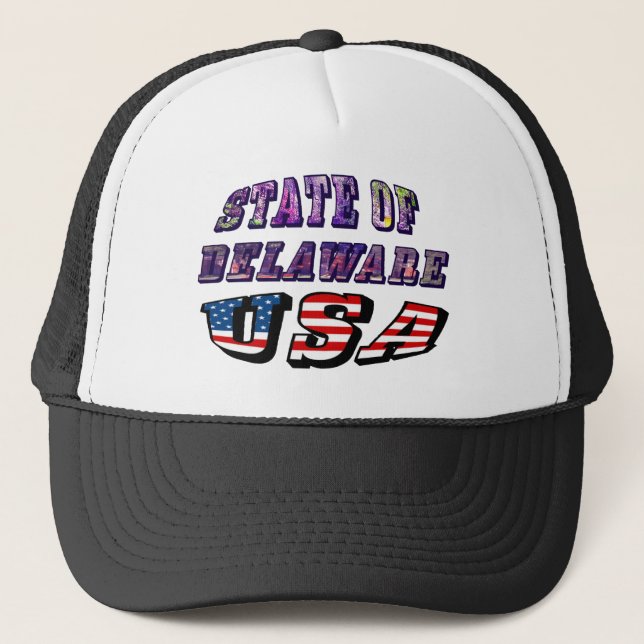 State of Delaware USA Photo & Flag Text Trucker Hat (Front)