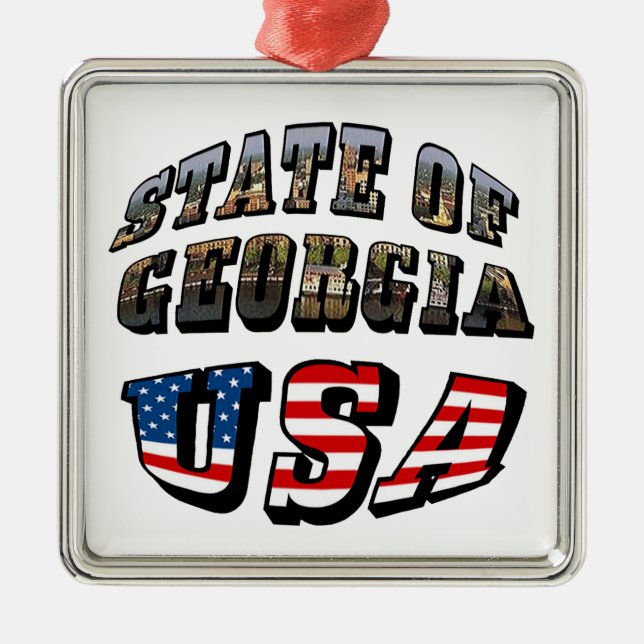 State of Georgia and USA Flag Text Metal Ornament (Front)