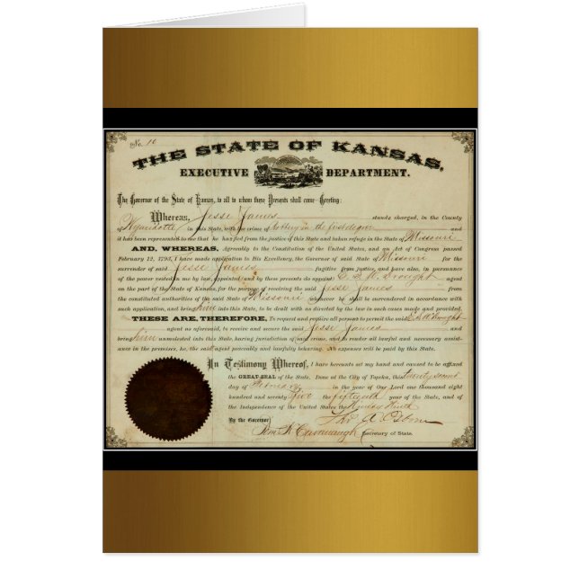 State of Kansas 1875 Jesse James Extradition Order Cards (Front)