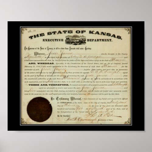 State of Kansas 1875 Jesse James Extradition Order Poster