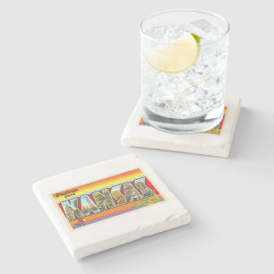 State of Kansas KS Vintage Large Letter Postcard Stone Coaster
