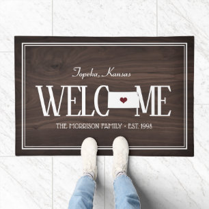 State of Kansas Personalized Woodgrain Doormat