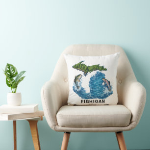 State of Michigan Graphic with Fish Throw Pillow