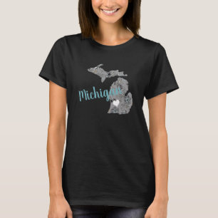State Of Michigan Gray Blue Poppies Floral Pattern T-Shirt