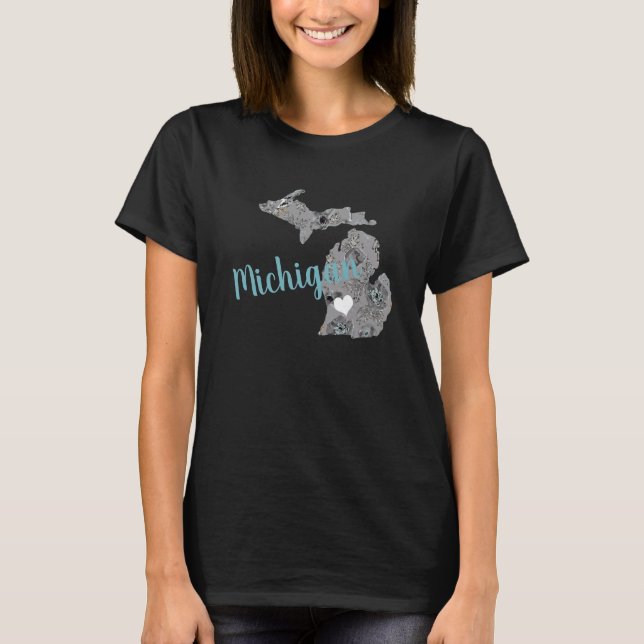 State Of Michigan Gray Blue Poppies Floral Pattern T-Shirt (Front)