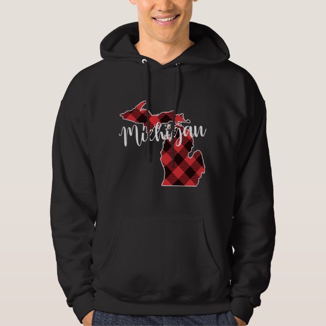 State Of Michigan Map Buffalo Plaid Christmas MI M Hoodie (Front)