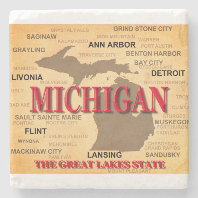State Of Michigan Map, Detroit, Lansing Stone Coaster (Front)