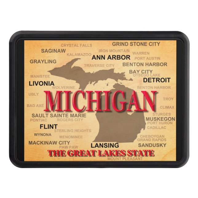 State Of Michigan Map, Detroit, Lansing Tow Hitch Cover (Front)
