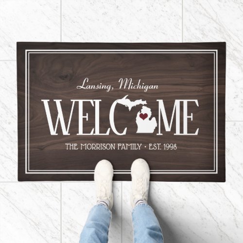 State of Michigan Personalized Woodgrain Doormat