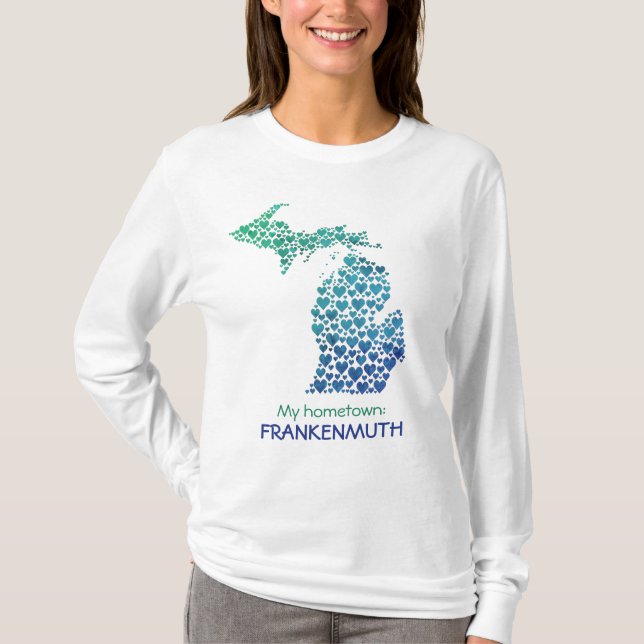 State of Michigan Silhouette Hearts & Hometown T-S T-Shirt (Front)
