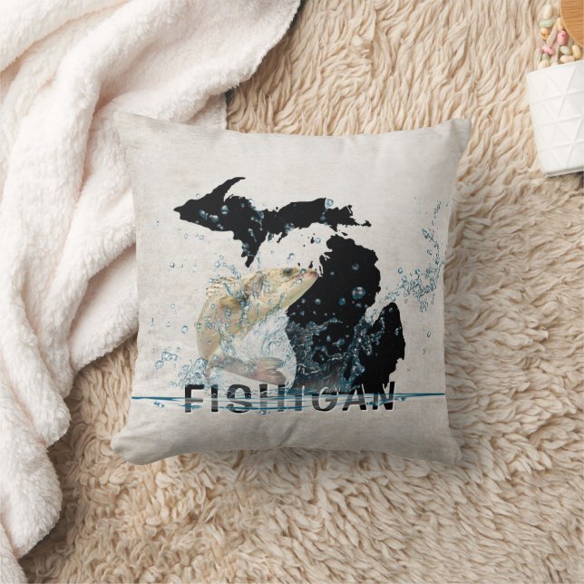 State of Michigan With Big Fish Throw Pillow (Blanket)