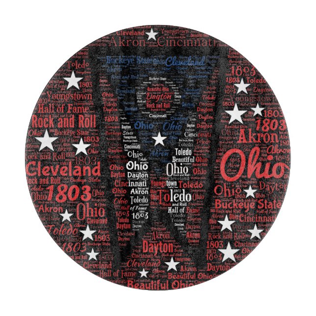 State of Ohio Word Art Glass Cutting Board 12" (Front)