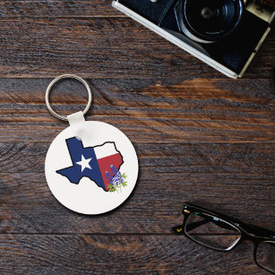 State of Texas Flag with State Flower Bluebonnet Keychain