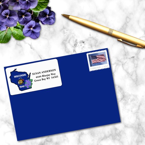 State of Wisconsin Flag and Flower Blue Violet Label