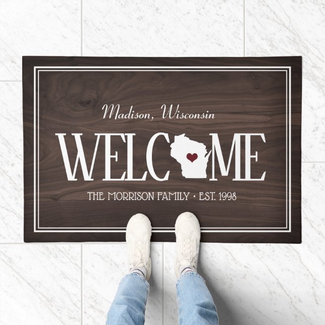 State of Wisconsin Personalized Woodgrain Doormat (Indoor)