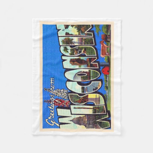 State of Wisconsin Vintage Large Letter Postcard Fleece Blanket