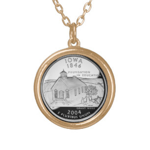 State Quarter of Iowa Reverse Side Faux Round Gold Plated Necklace