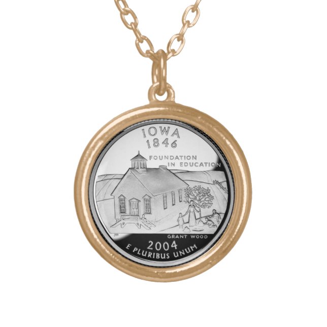 State Quarter of Iowa Reverse Side Faux Round Gold Plated Necklace (Front)