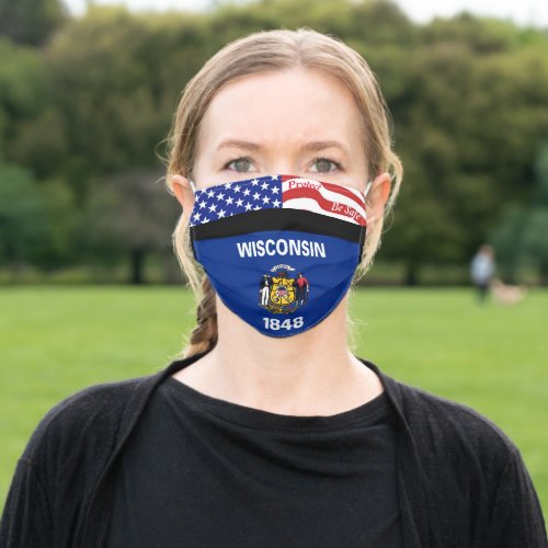 State Wisconsin Flag on Black w Stars Strips Adult Cloth Face Mask