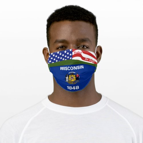 State Wisconsin Flag on Green  w Stars Stripes Adult Cloth Face Mask