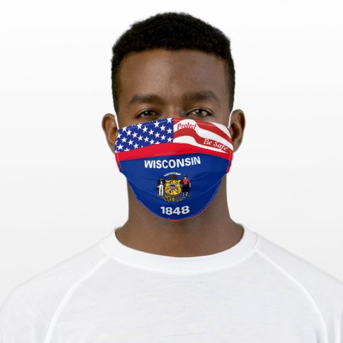 State Wisconsin Flag on Red w Stars Strips Adult Cloth Face Mask