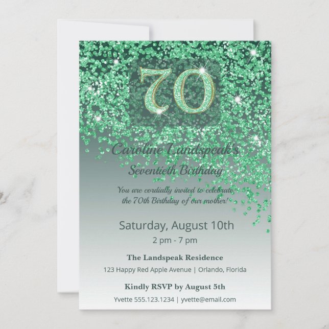 Stately 70th Birthday Emerald Green Glitter Invitation (Front)