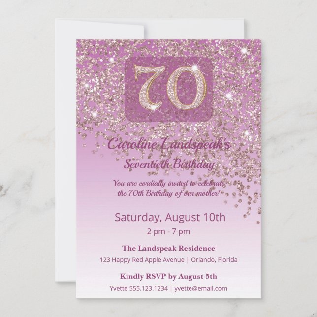 Stately 70th Birthday Rose Gold Glitter Invitation (Front)