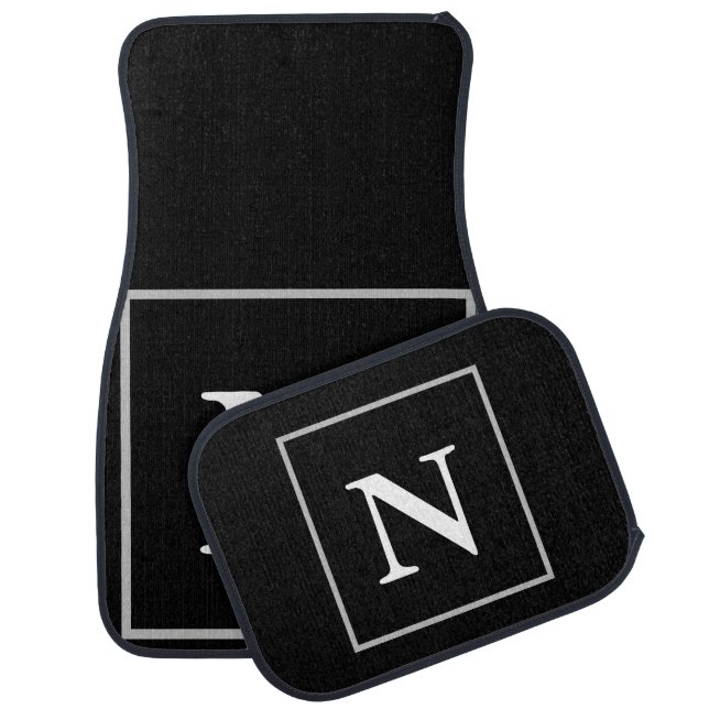 Stately Black Silver White Monogram Car Floor Mat (Set)