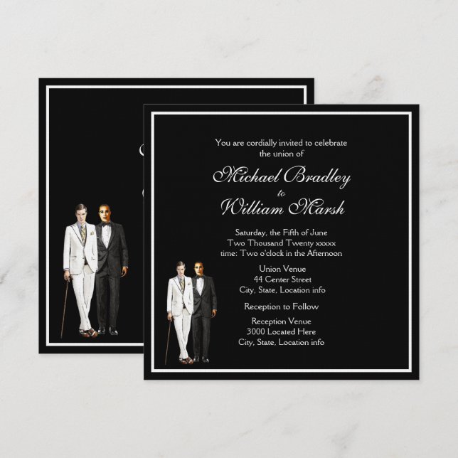 Stately Black & White Two Grooms  Invitation (Front/Back)