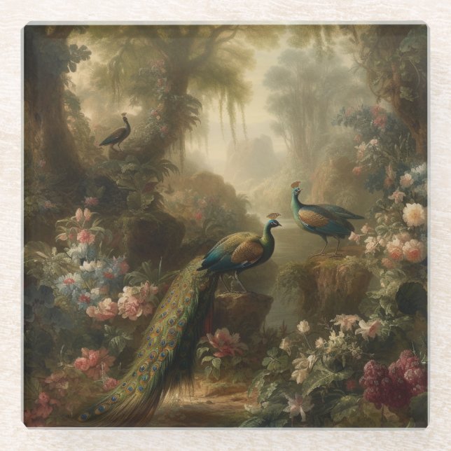 Stately English Grove Peacock Trio Table Protector Glass Coaster (Front)