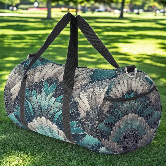 Statement Art Nouveau Blue Silver Fans Duffle Bag (Creator Uploaded)