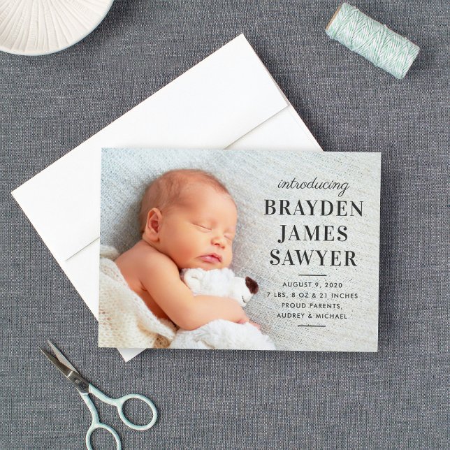 Statement Name Charcoal Gray Baby Boy Photo Birth Announcement (Creator Uploaded)