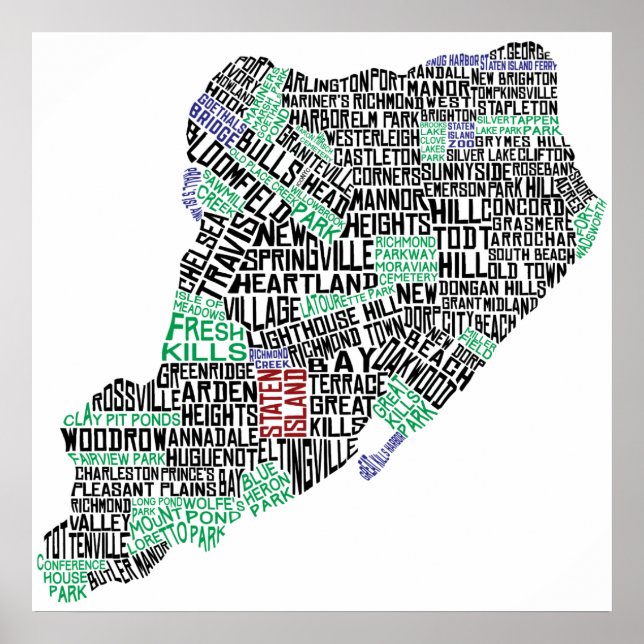 Staten Island Typographic Map, New York City Print (Front)