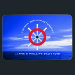 Stateroom Door Marker Personalized Retirement Magnet<br><div class="desc">Fun, personalized cruise vacation stateroom marker magnet especially for retired couples- Reads 'Cruising Through Retirement' at the top in curved, white letters. Personalized names at bottom in white. Centered is a red, white, and blue ship's wheel. Against a beautiful ocean sky photo in various shades of blue. Completely customizable for...</div>