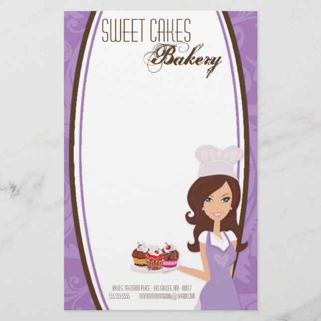 Stationery - Brunette Baker Purple Cup Cakes Bake (Front)
