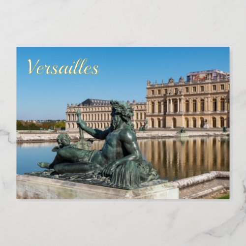 Statue Le Rhone in the garden of Versailles castle Foil Holiday Card