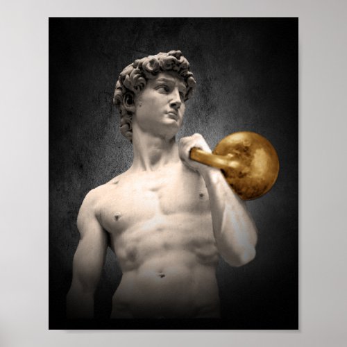 Statue of David holding a Golden Kettlebell Poster
