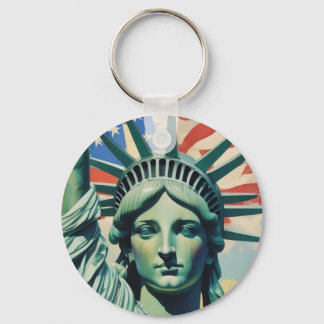 Statue of Liberty & American Flag Art New York Keychain
