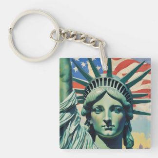 Statue of Liberty & American Flag Art New York Keychain